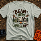 Bean There Camped That - T-Shirt in Bay - The artwork features a Class C motorhome parked next to a green tent and a...