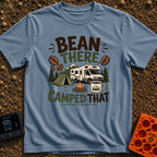 Bean There Camped That - T-Shirt in Blue Jean - The artwork features a Class C motorhome parked next to a green tent and...
