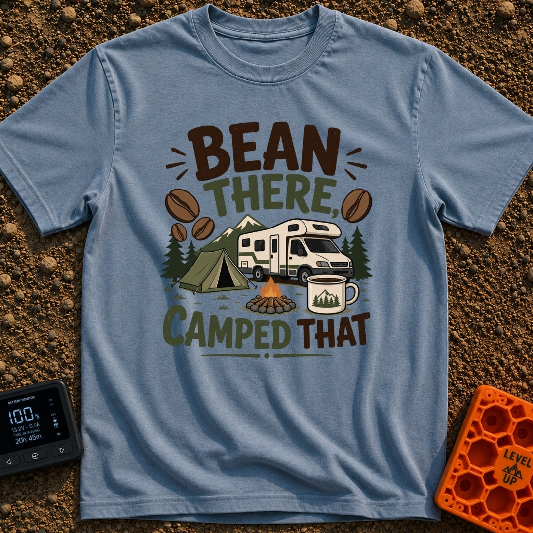 Bean There Camped That - T-Shirt in Blue Jean - The artwork features a Class C motorhome parked next to a green tent and...
