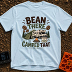 Bean There Camped That - T-Shirt in Chambray - The artwork features a Class C motorhome parked next to a green tent and a...