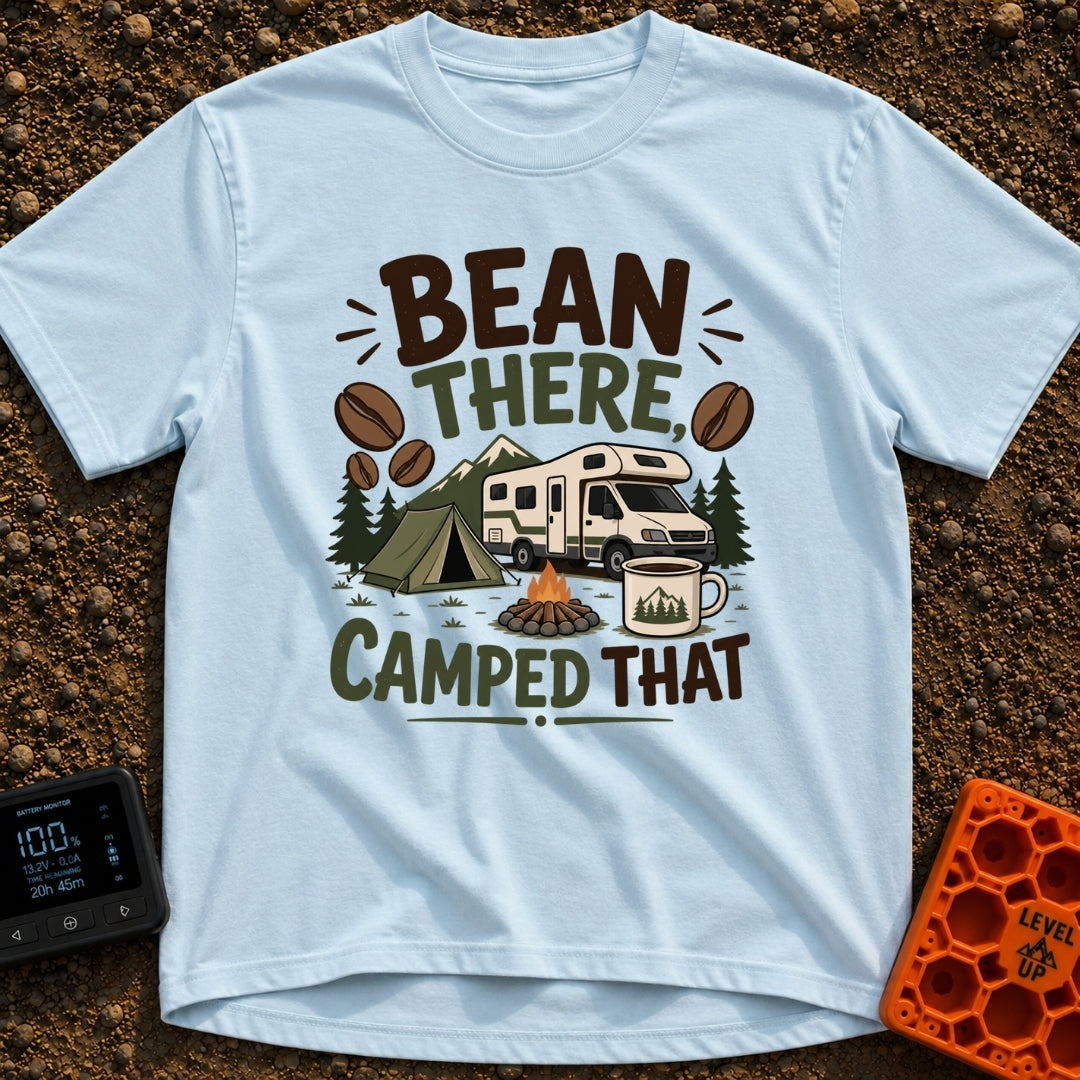Bean There Camped That - T-Shirt in Chambray - The artwork features a Class C motorhome parked next to a green tent and a...