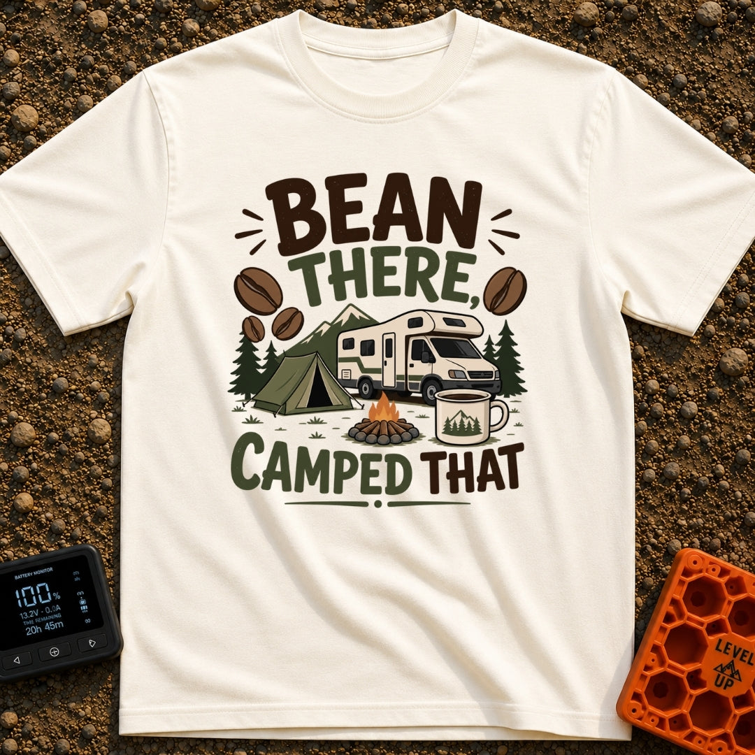 Bean There Camped That - T-Shirt in Ivory - The artwork features a Class C motorhome parked next to a green tent and a...