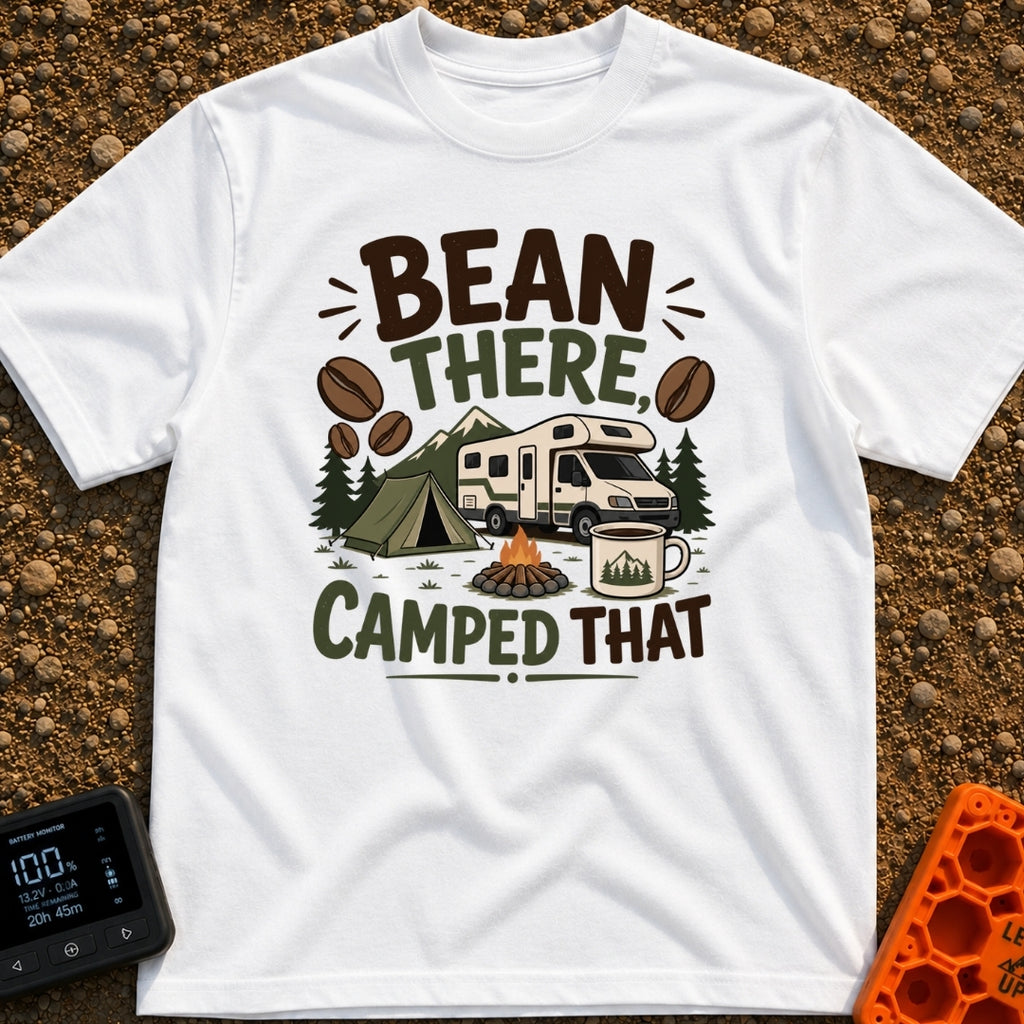 Bean There Camped That - T-Shirt in White - The artwork features a Class C motorhome parked next to a green tent and a...