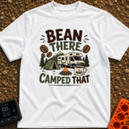 Bean There Camped That - T-Shirt in White - The artwork features a Class C motorhome parked next to a green tent and a...