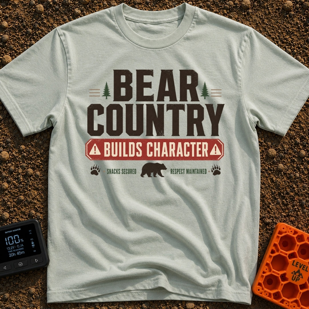 Character In Bearland - T-Shirt in Bay - A vintage-style typographic design featuring the text "BEAR COUNTRY BUILDS...