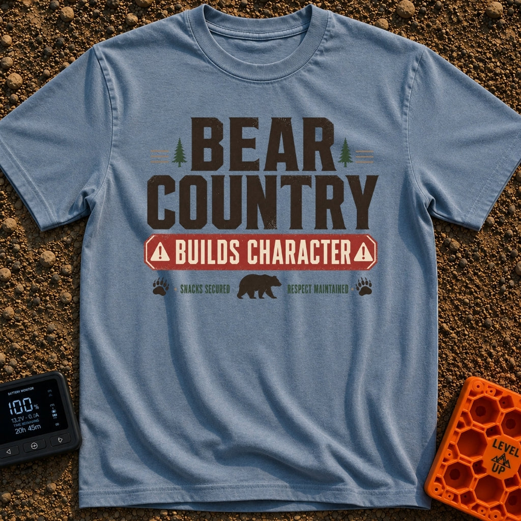 Character In Bearland - T-Shirt in Blue Jean - A vintage-style typographic design featuring the text "BEAR COUNTRY BUILDS...
