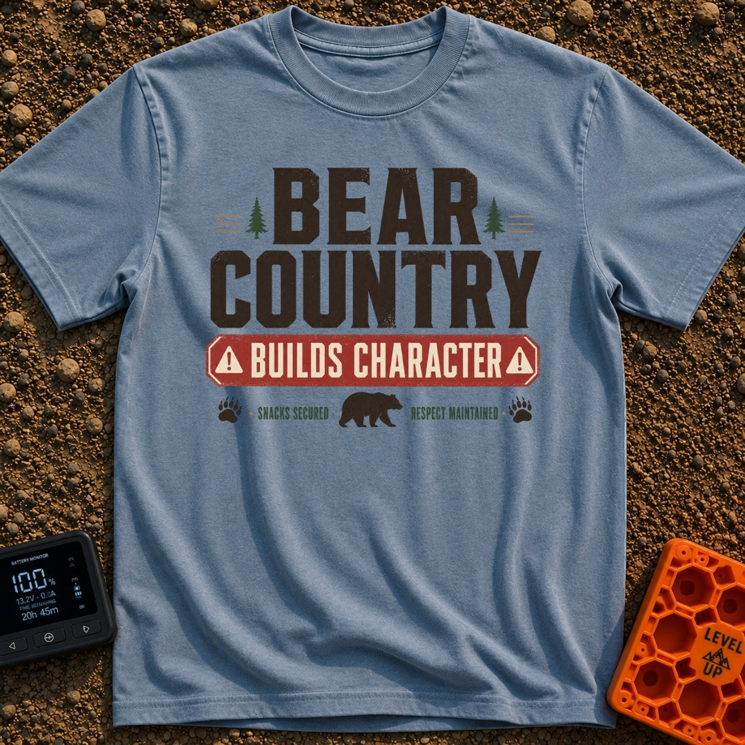 Character In Bearland - T-Shirt in Blue Jean - A vintage-style typographic design featuring the text "BEAR COUNTRY BUILDS...