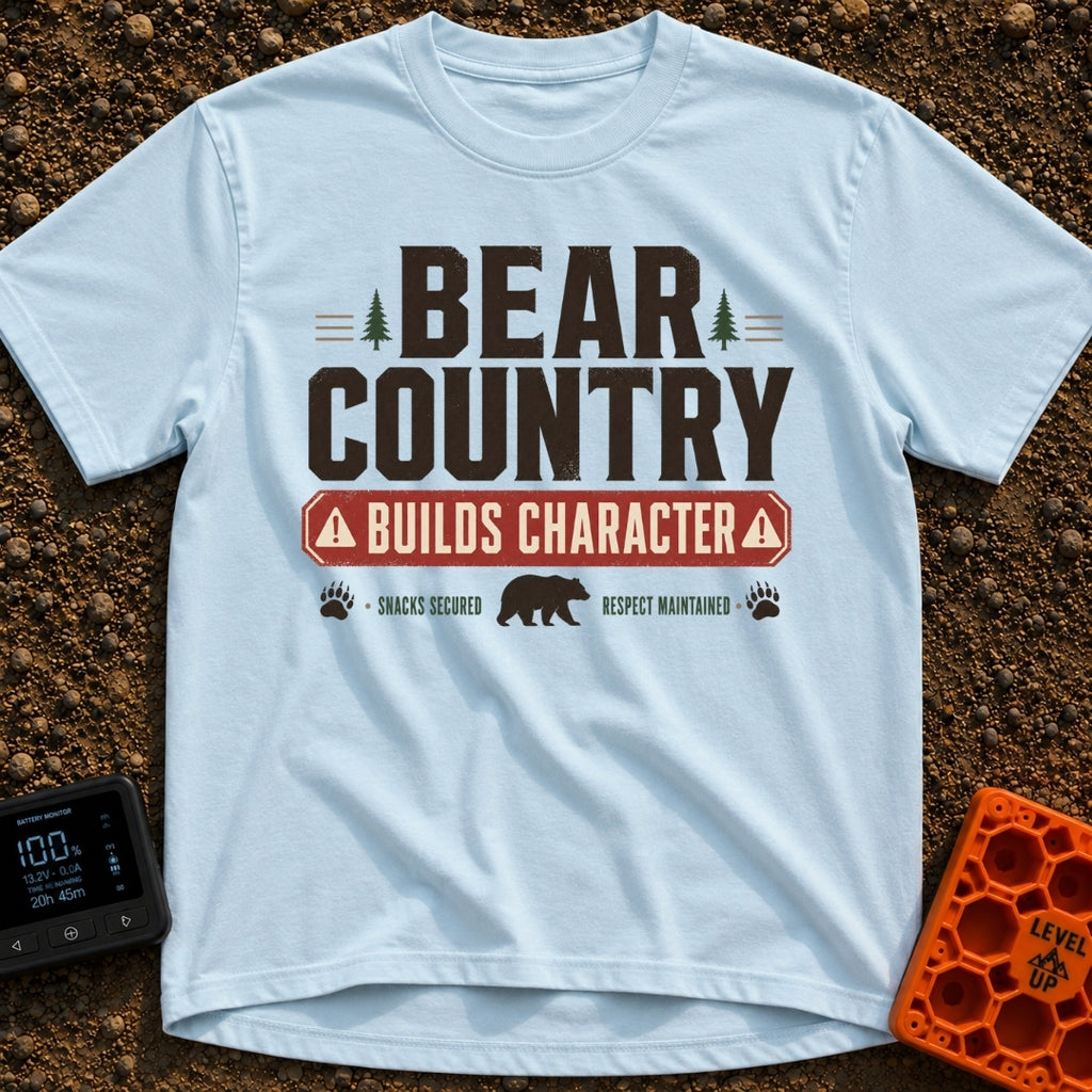 Character In Bearland - T-Shirt in Chambray - A vintage-style typographic design featuring the text "BEAR COUNTRY BUILDS...
