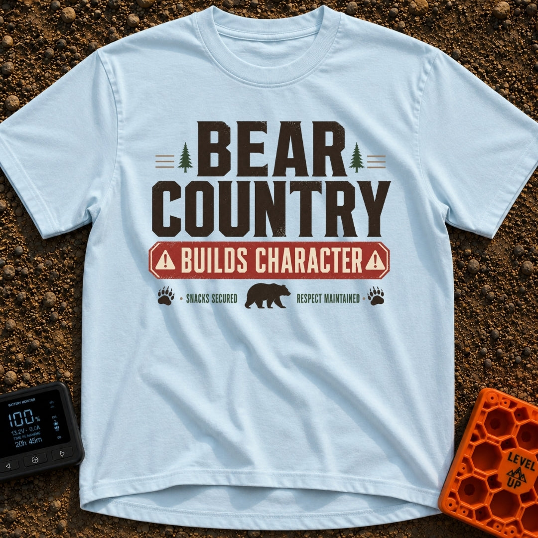 Character In Bearland - T-Shirt in Chambray - A vintage-style typographic design featuring the text "BEAR COUNTRY BUILDS...