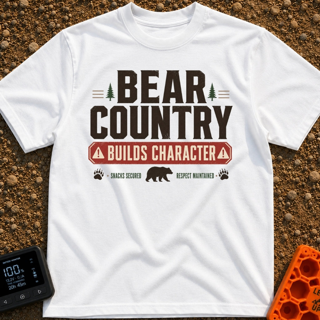 Character In Bearland - T-Shirt in White - A vintage-style typographic design featuring the text "BEAR COUNTRY BUILDS...