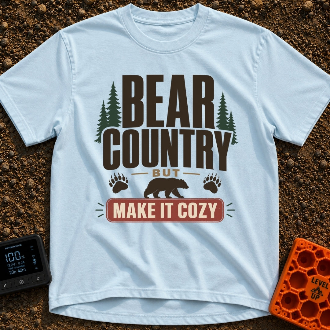 Cozy Bear Country - T-Shirt in Chambray - The design features the text 'BEAR COUNTRY BUT MAKE IT COZY' in bold...