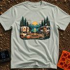 Then And Now - T-Shirt in Bay - A detailed illustration of a campsite by a mountain lake at sunset, comparing a vintage...