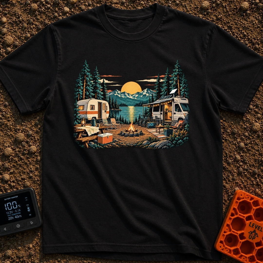 Then And Now - T-Shirt in Black - A detailed illustration of a campsite by a mountain lake at sunset, comparing a vintage...