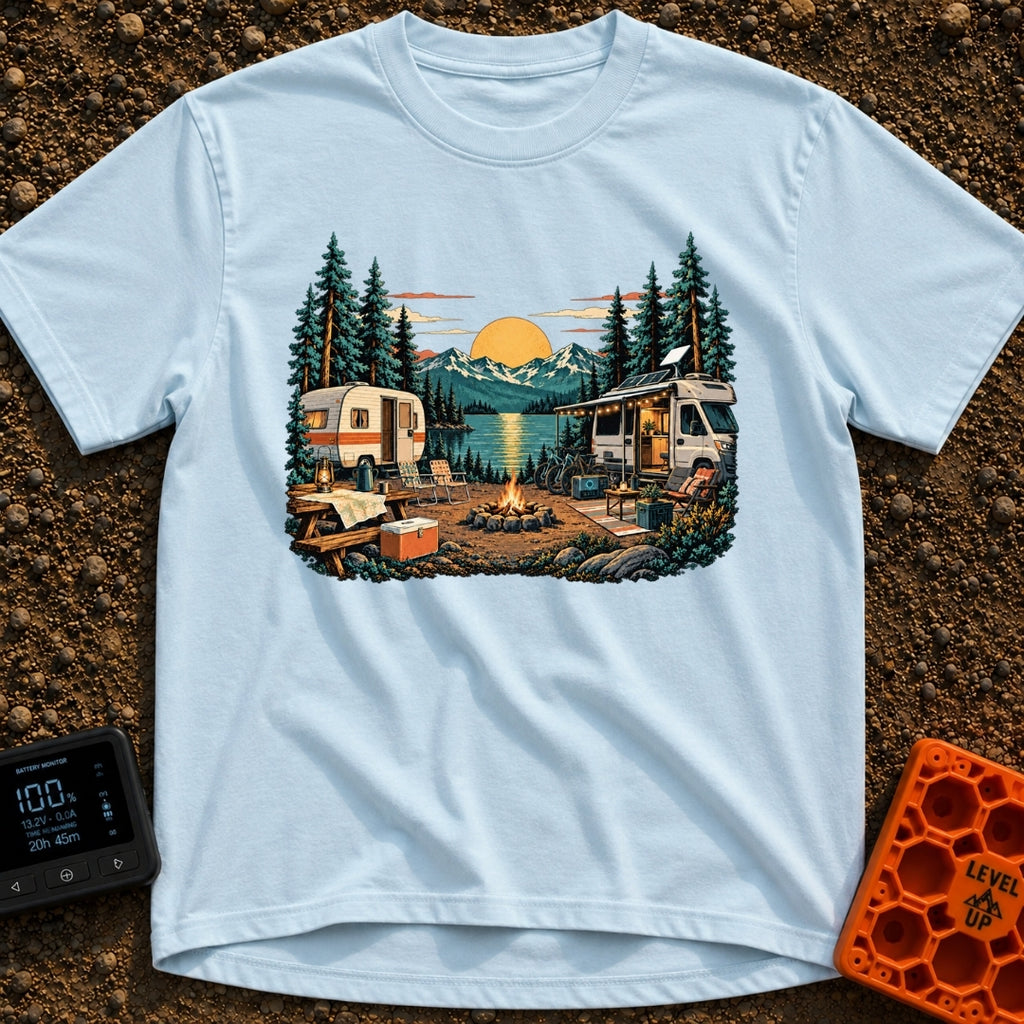 Then And Now - T-Shirt in Chambray - A detailed illustration of a campsite by a mountain lake at sunset, comparing a...