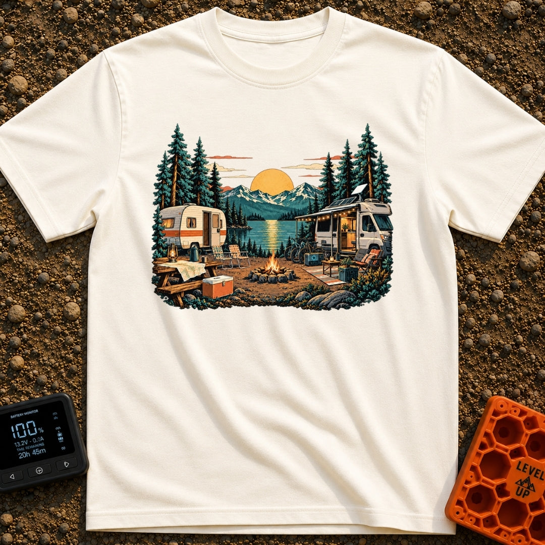 Then And Now - T-Shirt in Ivory - A detailed illustration of a campsite by a mountain lake at sunset, comparing a vintage...