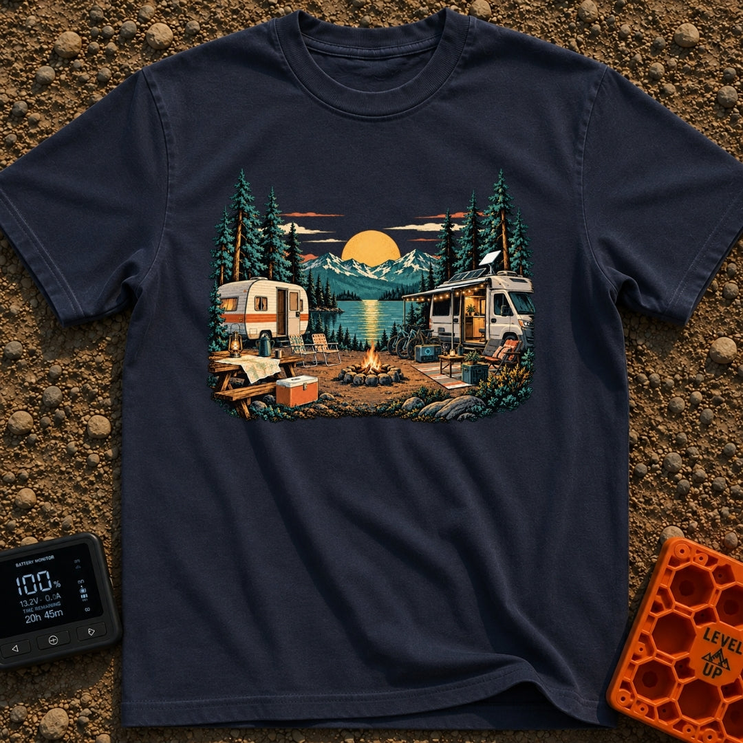 Then And Now - T-Shirt in Navy - A detailed illustration of a campsite by a mountain lake at sunset, comparing a vintage...