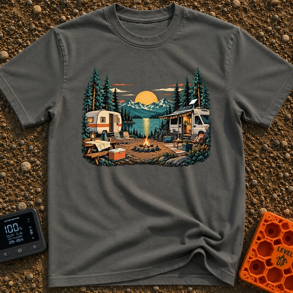 Then And Now - T-Shirt in Pepper - A detailed illustration of a campsite by a mountain lake at sunset, comparing a...