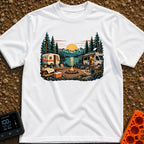 Then And Now - T-Shirt in White - A detailed illustration of a campsite by a mountain lake at sunset, comparing a vintage...