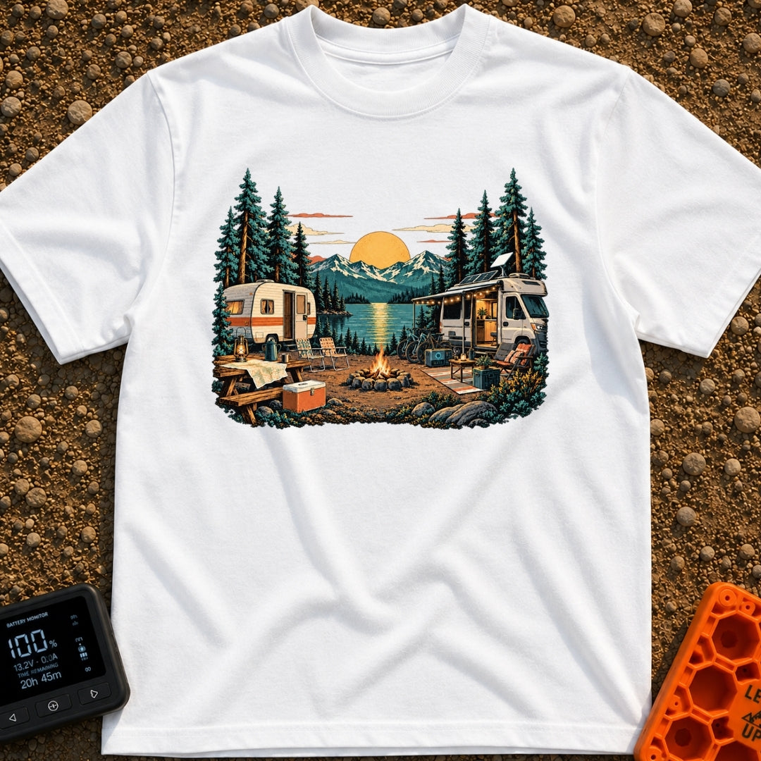 Then And Now - T-Shirt in White - A detailed illustration of a campsite by a mountain lake at sunset, comparing a vintage...