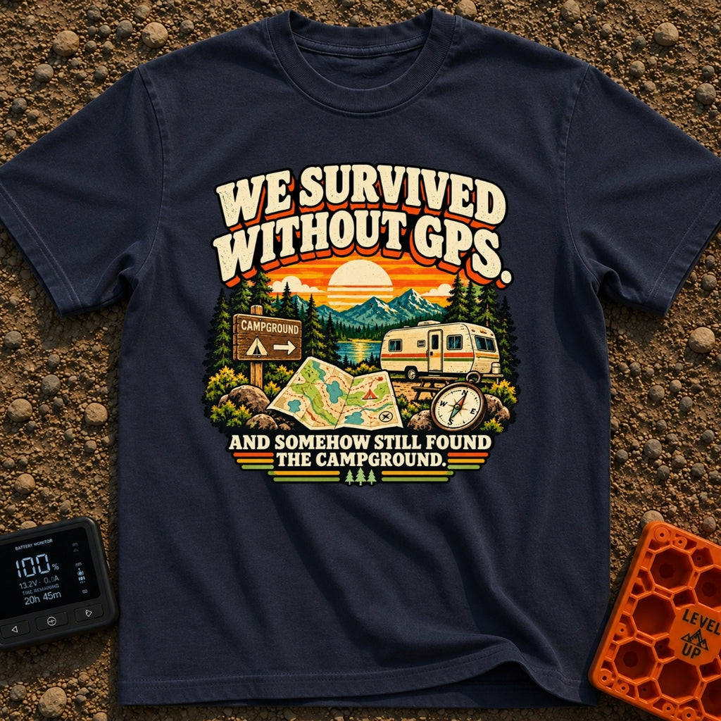 Lost In The Fold - T-Shirt in Navy - A retro-style illustration featuring an unfolded paper map and a compass in the...