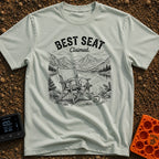 Best Seat Claimed - T-Shirt in Bay - A black-and-white line drawing of a dog sleeping curled up in a folding camp chair....