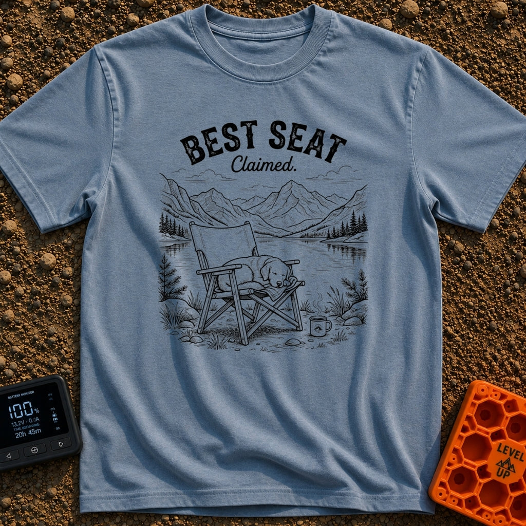 Best Seat Claimed - T-Shirt in Blue Jean - A black-and-white line drawing of a dog sleeping curled up in a folding camp...