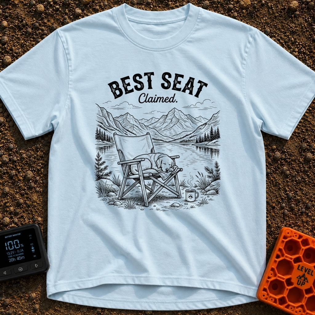Best Seat Claimed - T-Shirt in Chambray - A black-and-white line drawing of a dog sleeping curled up in a folding camp...