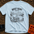 Best Seat Claimed - T-Shirt in Chambray - A black-and-white line drawing of a dog sleeping curled up in a folding camp...