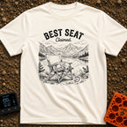 Best Seat Claimed - T-Shirt in Ivory - A black-and-white line drawing of a dog sleeping curled up in a folding camp...