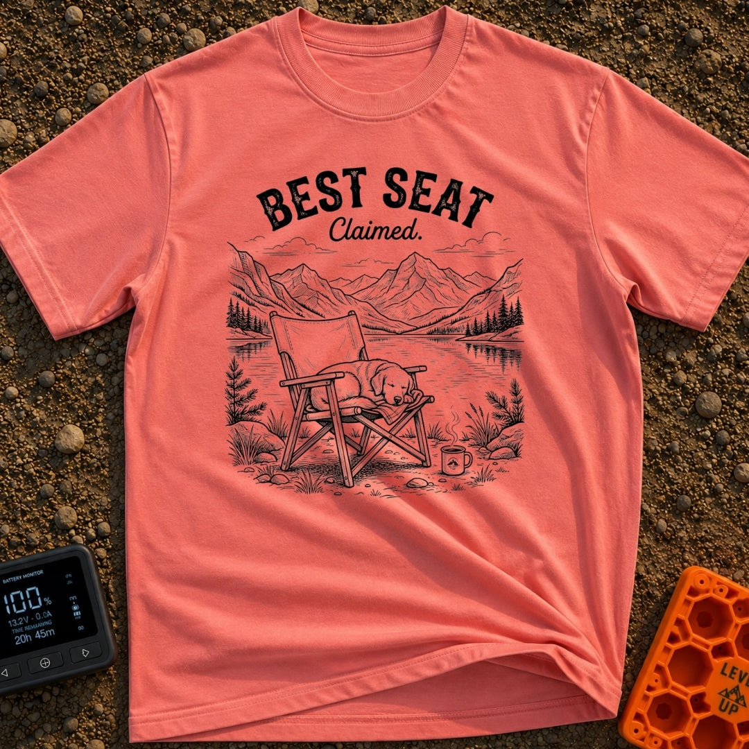 Best Seat Claimed - T-Shirt in Watermelon - A black-and-white line drawing of a dog sleeping curled up in a folding camp...