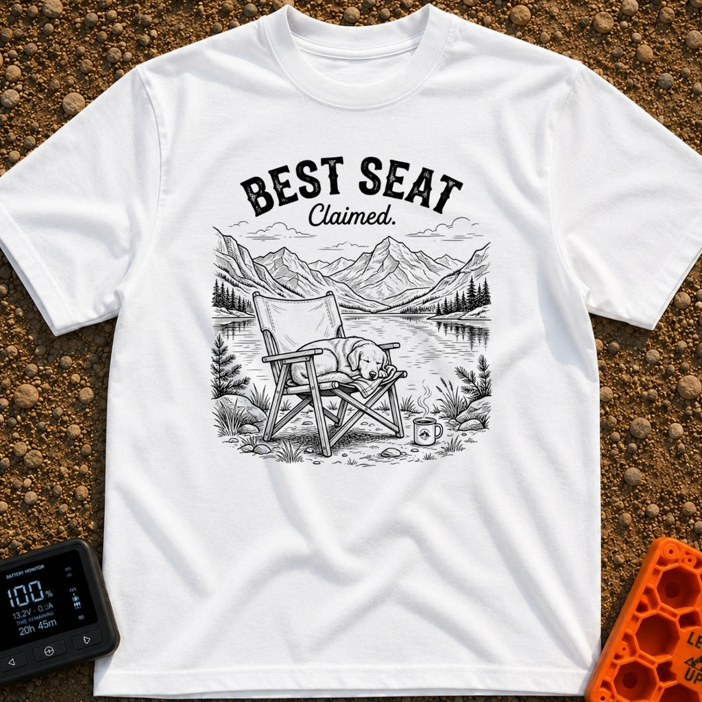 Best Seat Claimed - T-Shirt in White - A black-and-white line drawing of a dog sleeping curled up in a folding camp...