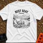 Best Seat Claimed - T-Shirt in White - A black-and-white line drawing of a dog sleeping curled up in a folding camp...