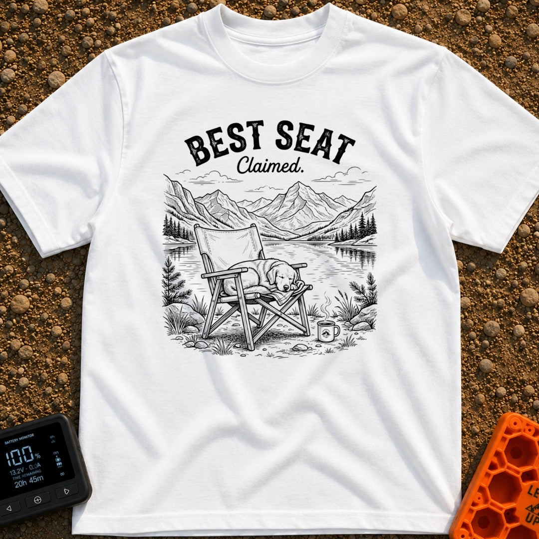 Best Seat Claimed - T-Shirt in White - A black-and-white line drawing of a dog sleeping curled up in a folding camp...