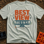 Pet's Prime Perch - T-Shirt in Bay - A typographic design featuring the words "BEST VIEW GOES TO THE PET" alongside paw...