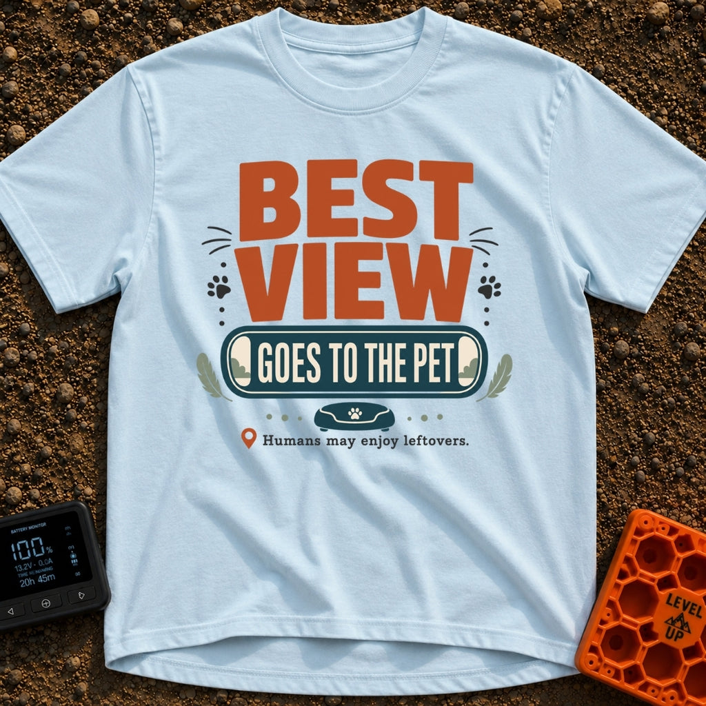Pet's Prime Perch - T-Shirt in Chambray - A typographic design featuring the words "BEST VIEW GOES TO THE PET" alongside...