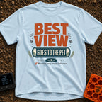 Pet's Prime Perch - T-Shirt in Chambray - A typographic design featuring the words "BEST VIEW GOES TO THE PET" alongside...