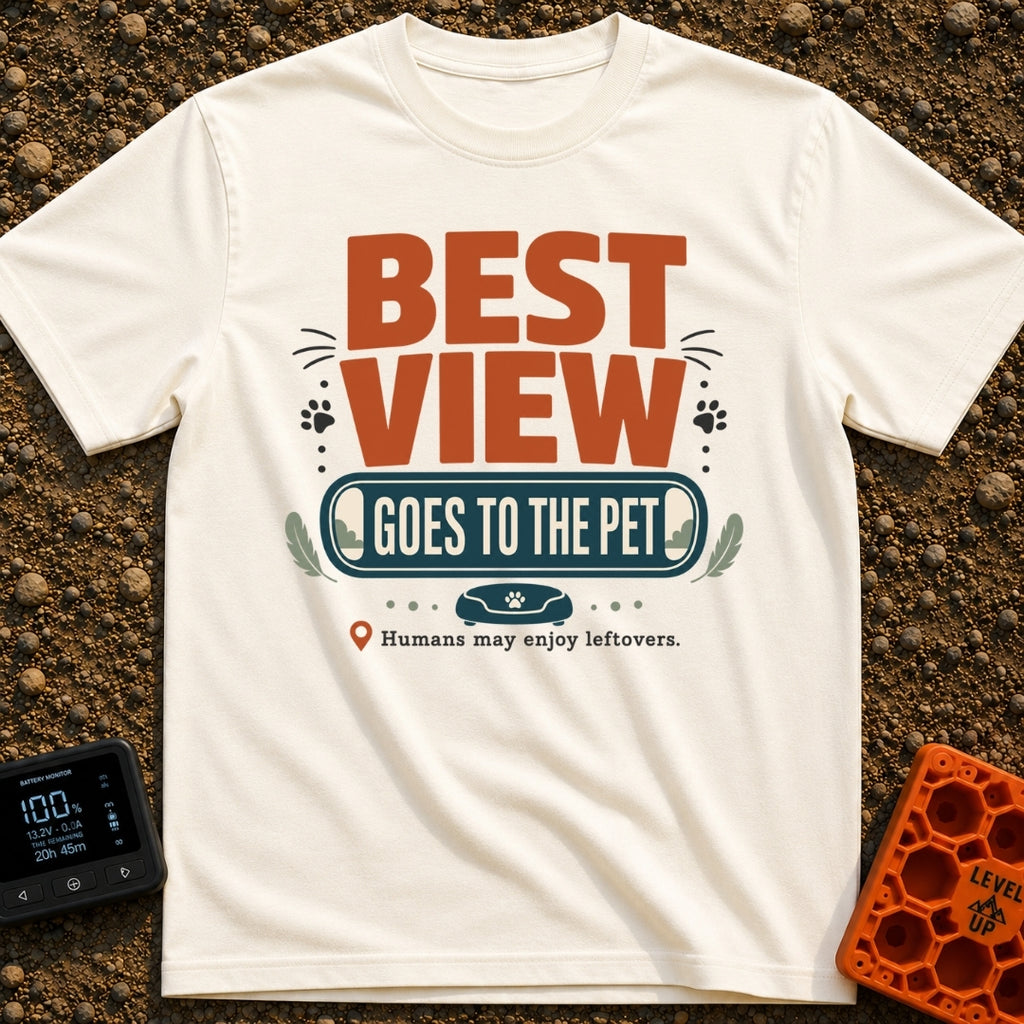 Pet's Prime Perch - T-Shirt in Ivory - A typographic design featuring the words "BEST VIEW GOES TO THE PET" alongside paw...