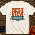 Pet's Prime Perch - T-Shirt in Ivory - A typographic design featuring the words "BEST VIEW GOES TO THE PET" alongside paw...
