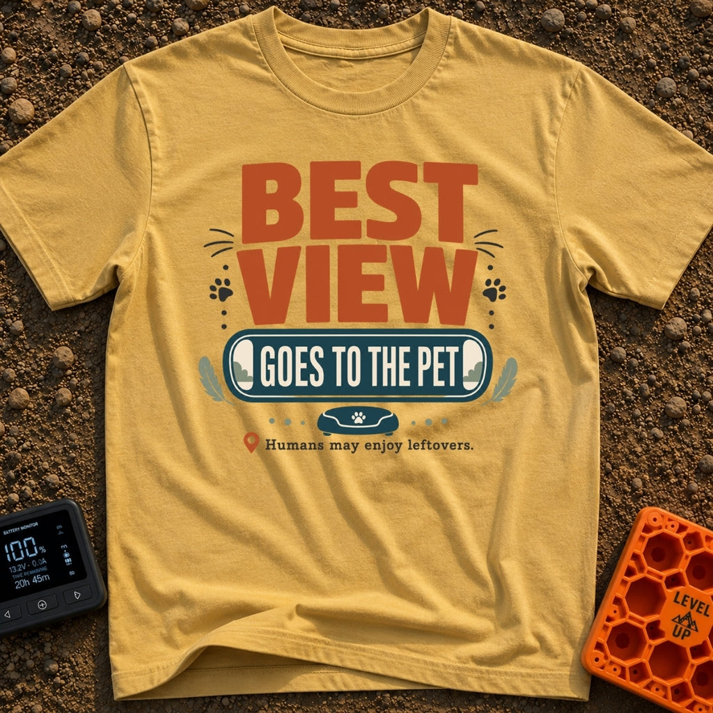 Pet's Prime Perch - T-Shirt in Mustard - A typographic design featuring the words "BEST VIEW GOES TO THE PET" alongside...