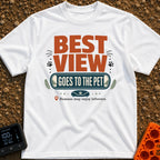 Pet's Prime Perch - T-Shirt in White - A typographic design featuring the words "BEST VIEW GOES TO THE PET" alongside paw...