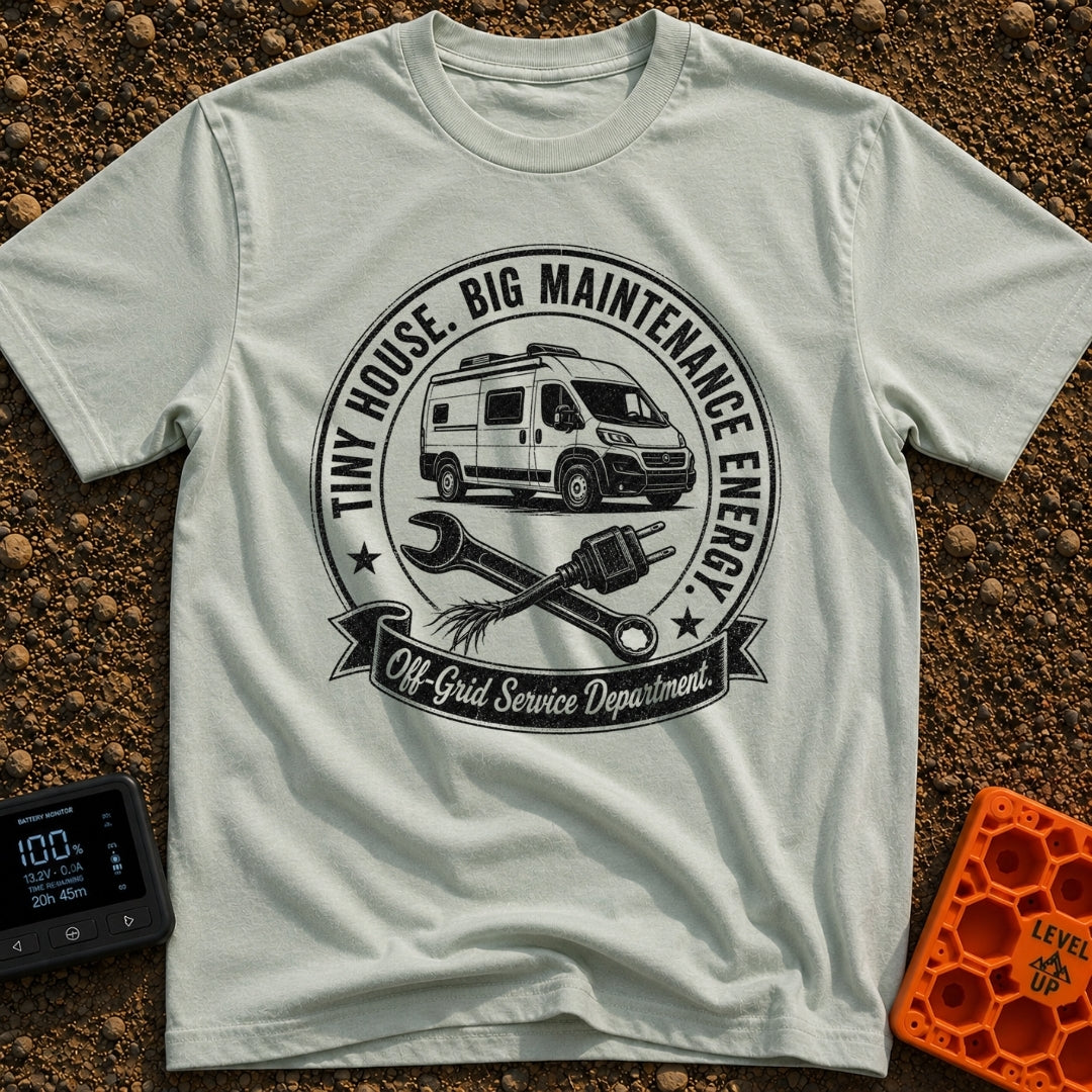 Big Tool Energy - T-Shirt in Bay - A circular distressed emblem featuring a camper van above a crossed wrench and a...