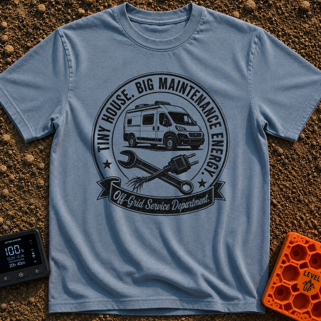 Big Tool Energy - T-Shirt in Blue Jean - A circular distressed emblem featuring a camper van above a crossed wrench and a...