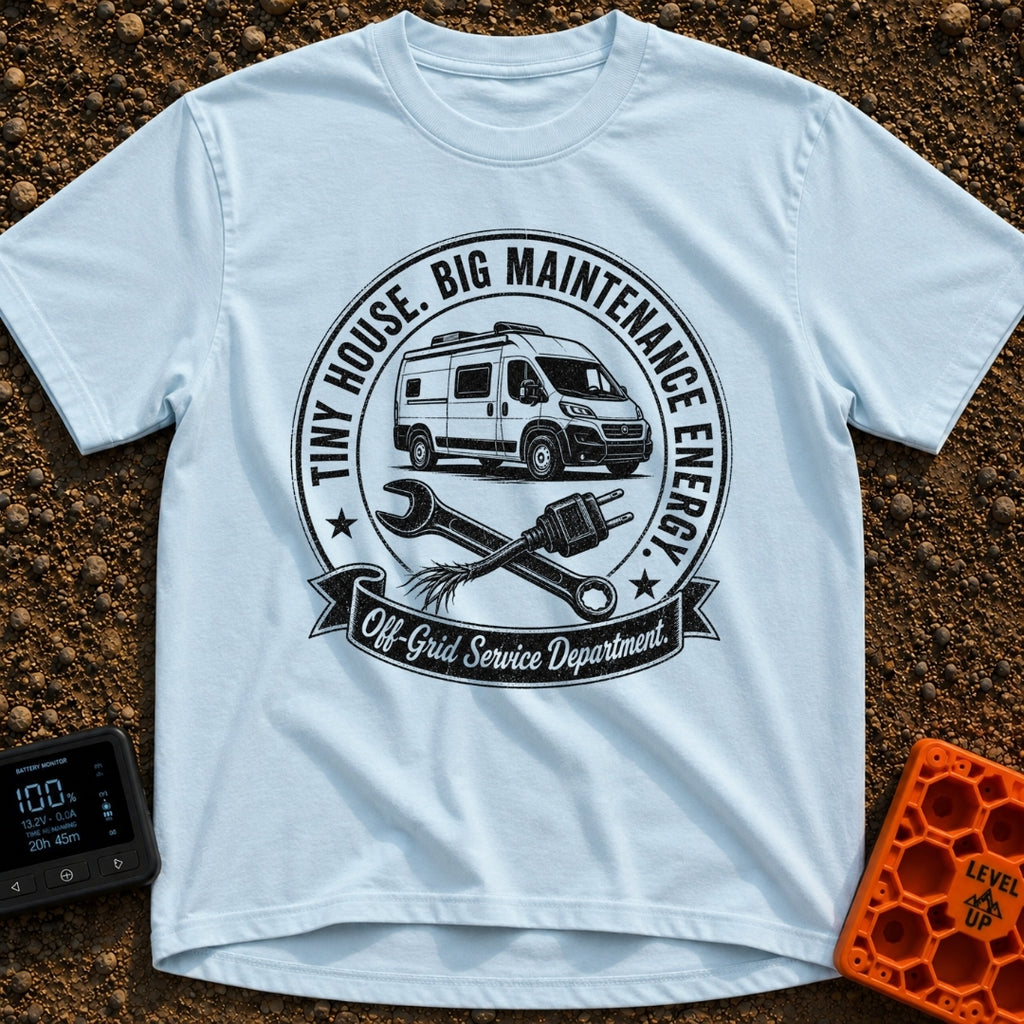 Big Tool Energy - T-Shirt in Chambray - A circular distressed emblem featuring a camper van above a crossed wrench and a...