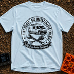 Big Tool Energy - T-Shirt in Chambray - A circular distressed emblem featuring a camper van above a crossed wrench and a...
