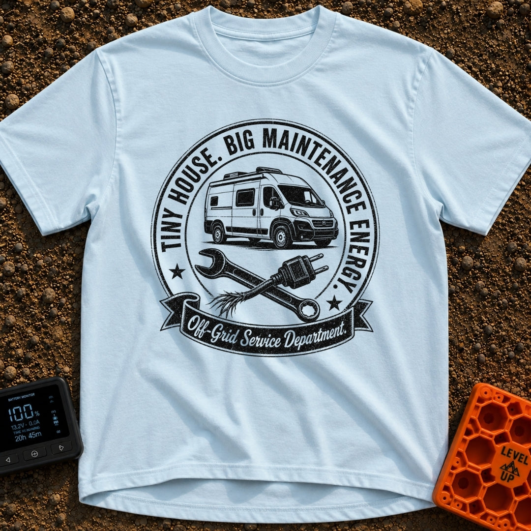 Big Tool Energy - T-Shirt in Chambray - A circular distressed emblem featuring a camper van above a crossed wrench and a...