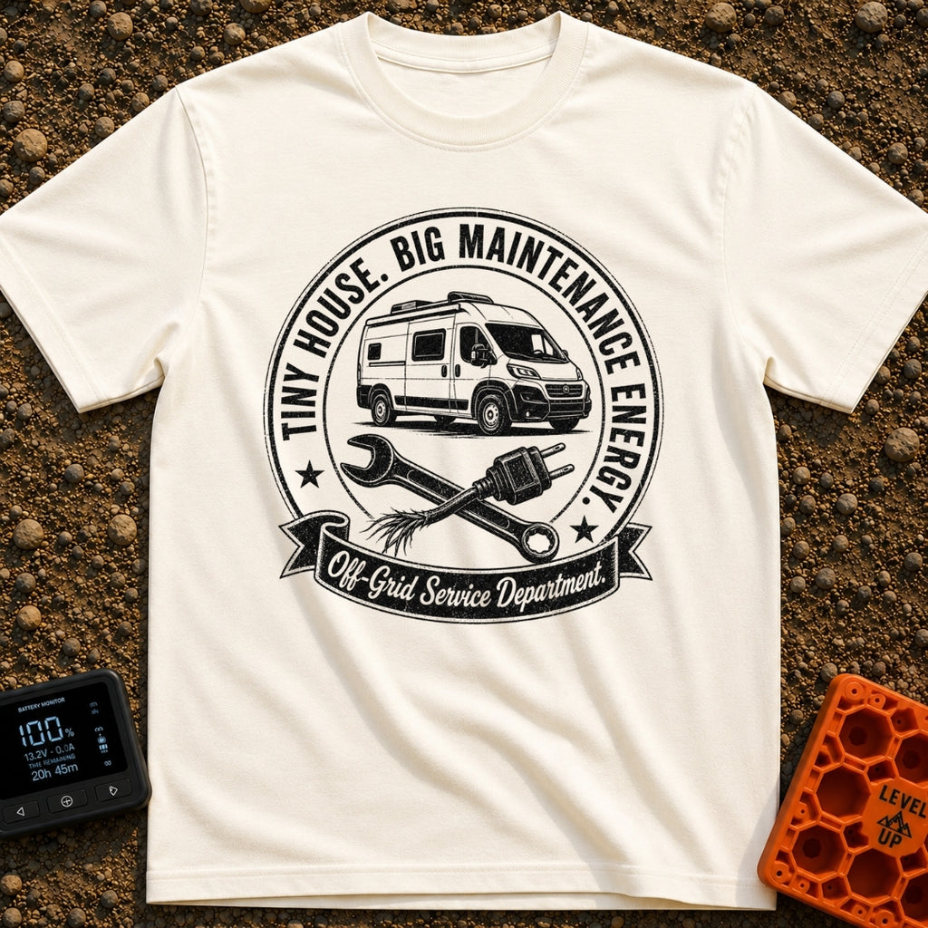 Big Tool Energy - T-Shirt in Ivory - A circular distressed emblem featuring a camper van above a crossed wrench and a...