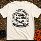 Big Tool Energy - T-Shirt in Ivory - A circular distressed emblem featuring a camper van above a crossed wrench and a...