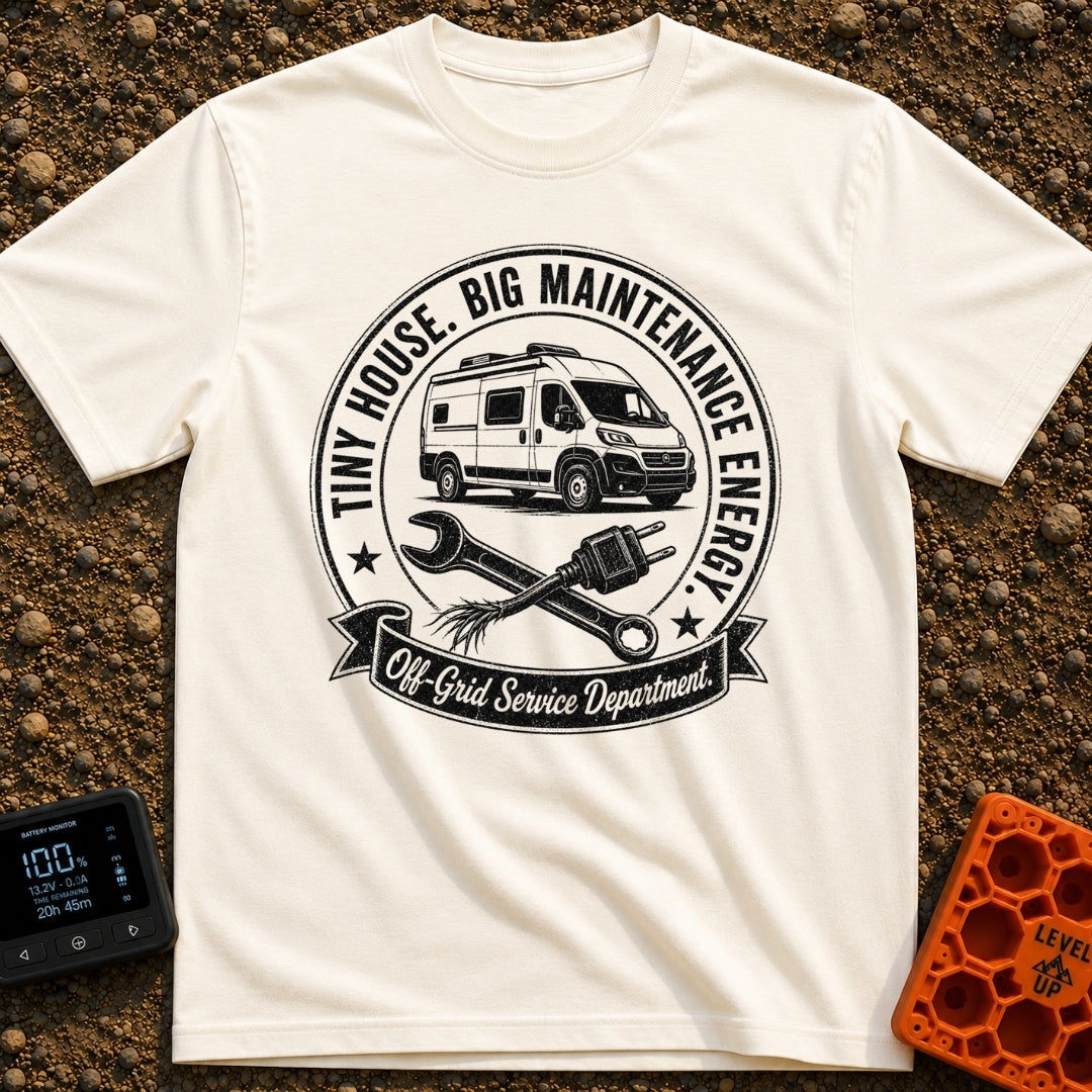 Big Tool Energy - T-Shirt in Ivory - A circular distressed emblem featuring a camper van above a crossed wrench and a...