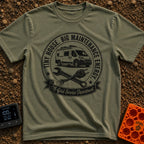Big Tool Energy - T-Shirt in Moss - A circular distressed emblem featuring a camper van above a crossed wrench and a...