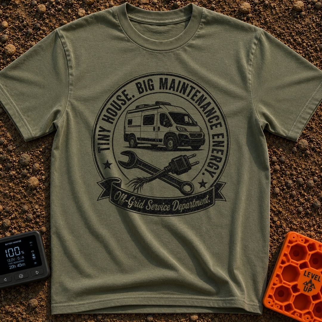 Big Tool Energy - T-Shirt in Moss - A circular distressed emblem featuring a camper van above a crossed wrench and a...